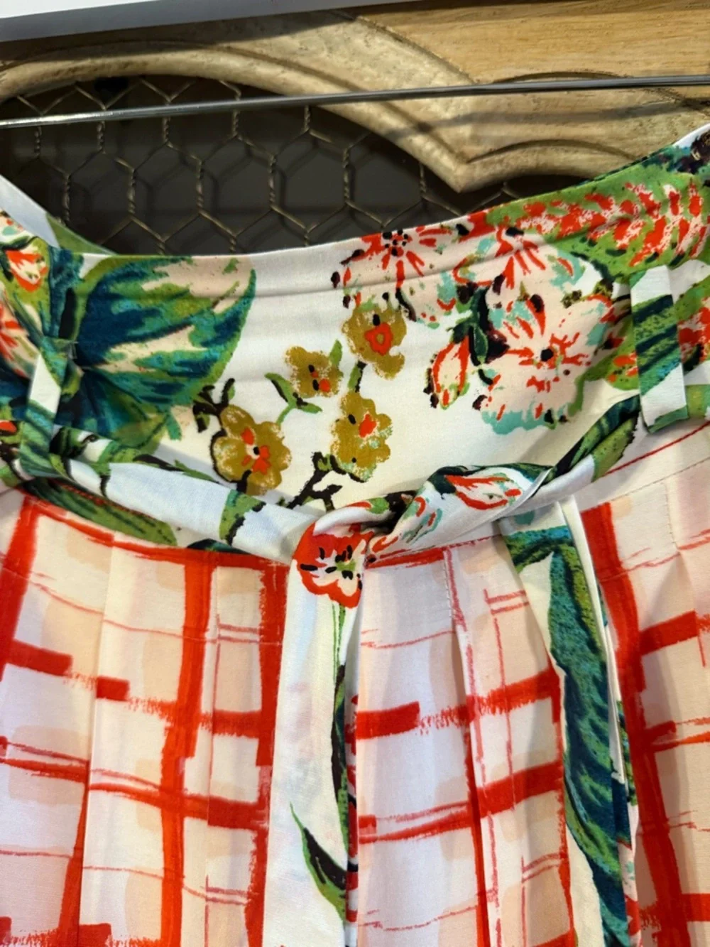 Maeve Anthro Floral Waistband Red Grid A-Line Skirt - Picture 5 of 6